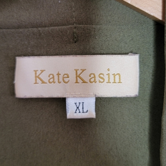 Kate Kasin | Olive Green Long Draped Open Front Jacket Cardigan with Tie Size XL - Picture 3 of 4